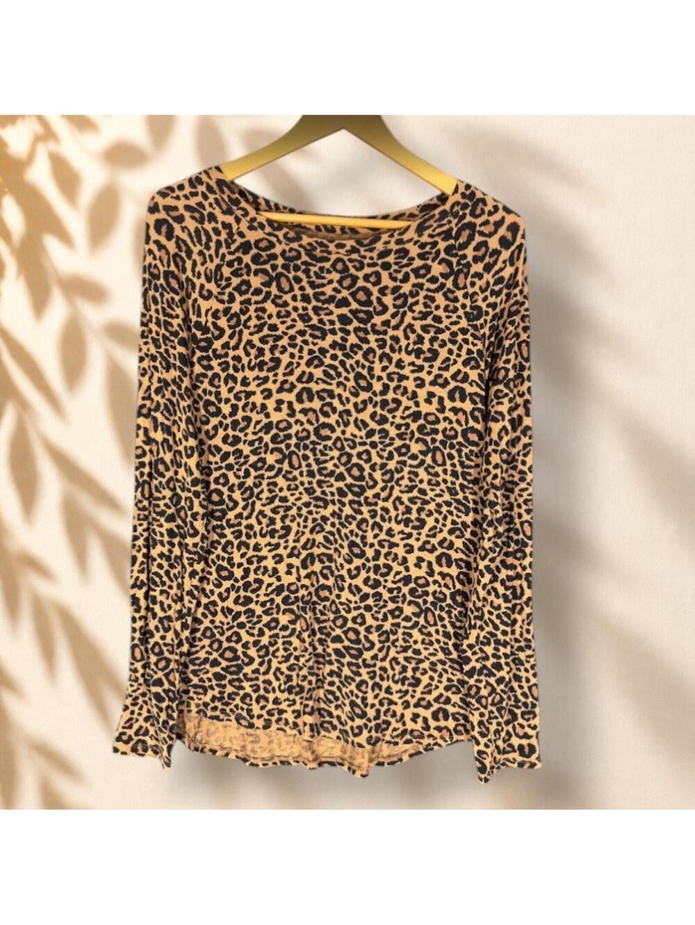 Time And Tru T-Shirt Women L Large Brown Animal Print Long Sleeve Rayon Casual